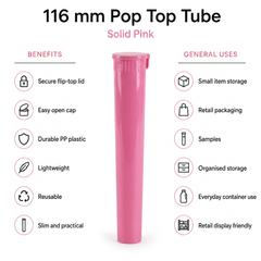 Solid Pink 116mm Pop Top Tube 500 Pcs – Slim PP Plastic Flip-Top Storage Container | 116mm x 18.6mm