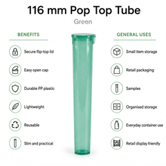 Transparent Green 116mm Pop Top Tube 500 Pcs– Slim PP Plastic Flip-Top Storage Container | 116mm x 18.6mm