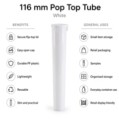 White 116mm Pop Top Tube 500 Pcs – Slim PP Plastic Flip-Top Storage Container | 116mm x 18.6mm