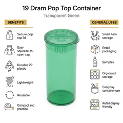 Transparent-Green 19 Dram Pop Top Containers 225 Pcs – Squeeze-to-Open PP Plastic Storage Tubes | 7cm x 3.8cm