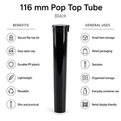 Pop Top Tube Black 116mm 500 Pcs – Slim PP Plastic Flip-Top Storage Container | 116mm x 18.6mm
