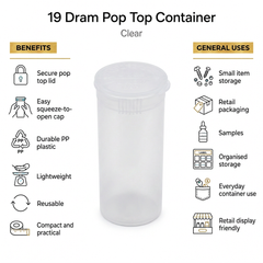 Clear 19 Dram Pop Top Containers – Transparent Squeeze-to-Open PP Plastic Storage Tubes | 7cm x 4cm