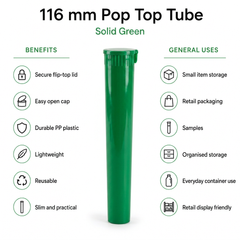 Solid Green 116mm Pop Top Tube 500 Pcs – Slim PP Plastic Flip-Top Storage Container | 116mm x 18.6mm