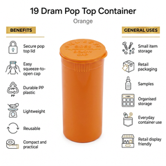Orange 19 Dram Pop Top Containers 225 Pcs – Squeeze-to-Open PP Plastic Storage Tubes | 7cm x 3.8cm