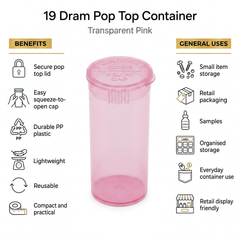 Transparent-Pink 19 Dram Pop Top Containers 225 Pcs – Squeeze-to-Open PP Plastic Storage Tubes | 7cm x 3.8cm