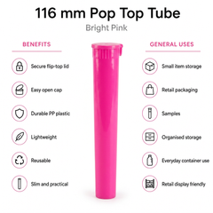 Bright Pink 116mm Pop Top Tube 500 Pcs – Slim PP Plastic Flip-Top Storage Container | 116mm x 18.6mm