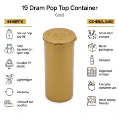 Gold 19 Dram Pop Top Containers – Squeeze-to-Open PP Plastic Storage Tubes | 7cm x 4cm