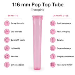 Transparent Pink 116mm Pop Top Tube 500 Pcs – Slim PP Plastic Flip-Top Storage Container | 116mm x 18.6mm