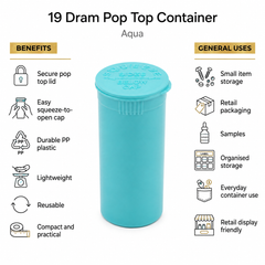 Solid-Aqua 19 Dram Pop Top Containers 225 pcs – Squeeze-to-Open PP Plastic Storage Tubes | 7cm x 3.8cm