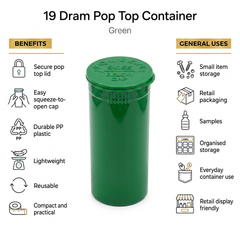 Green 19 Dram Pop Top Containers – Squeeze-to-Open PP Plastic Storage Tubes | 7cm x 4cm