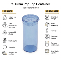 Transparent-Blue 19 Dram Pop Top Containers 225 Pcs – Squeeze-to-Open PP Plastic Storage Tubes | 7cm x 3.8cm