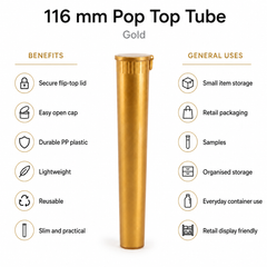 Gold 116mm Pop Top Tube 500 Pcs – Slim PP Plastic Flip-Top Storage Container | 116mm x 18.6mm