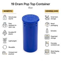 Blue 19 Dram Pop Top Containers – Squeeze-to-Open PP Plastic Storage Tubes | 7cm x 4cm