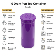 Purple 19 Dram Pop Top Containers 225 Pcs– Squeeze-to-Open PP Plastic Storage Tubes | 7cm x 3.8cm