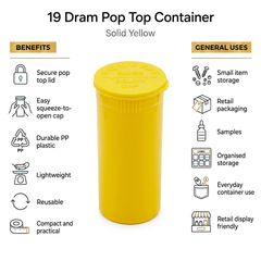 Solid-Yellow 19 Dram Pop Top Containers 225 Pcs – Squeeze-to-Open PP Plastic Storage Tubes | 7cm x 3.8cm