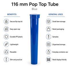 Blue 116mm Pop Top Tube – Slim PP Plastic Flip-Top Storage Container | 116mm x 18.6mm