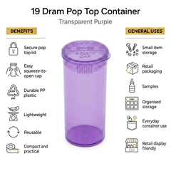 Transparent-Purple 19 Dram Pop Top Containers 225 pcs – Squeeze-to-Open PP Plastic Storage Tubes | 7cm x 3.8cm