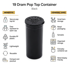 Black 19 Dram Pop Top Containers – Squeeze-to-Open PP Plastic Storage Tubes | 7cm x 4cm