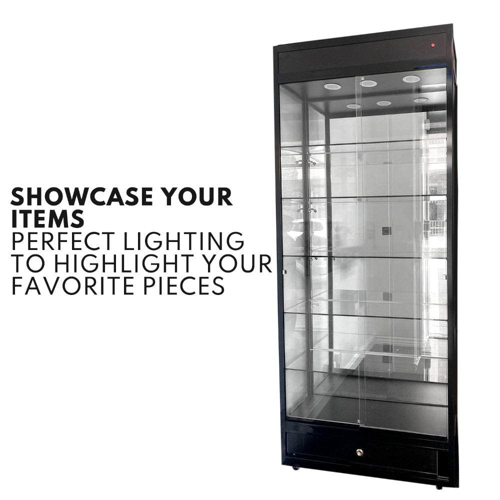 Black Glass Display Cabinet with LED Lights and Storage