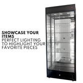 Black Glass Display Cabinet with LED Lights and Storage