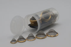 25 PCS Conical Pipe Filter Gauze – All Sizes (12mm, 15mm, 17mm, 20mm, 22mm) + Brass Screens (Golden & Silver) – Packed in 13 Dram Storage Container