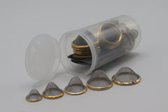 25 PCS Conical Pipe Filter Gauze – All Sizes (12mm, 15mm, 17mm, 20mm, 22mm) + Brass Screens (Golden & Silver) – Packed in 13 Dram Storage Container