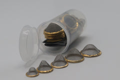 25 PCS Conical Pipe Filter Gauze – All Sizes (12mm, 15mm, 17mm, 20mm, 22mm) + Brass Screens (Golden & Silver) – Packed in 13 Dram Storage Container