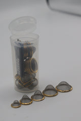 25 PCS Conical Pipe Filter Gauze – All Sizes (12mm, 15mm, 17mm, 20mm, 22mm) + Brass Screens (Golden & Silver) – Packed in 13 Dram Storage Container
