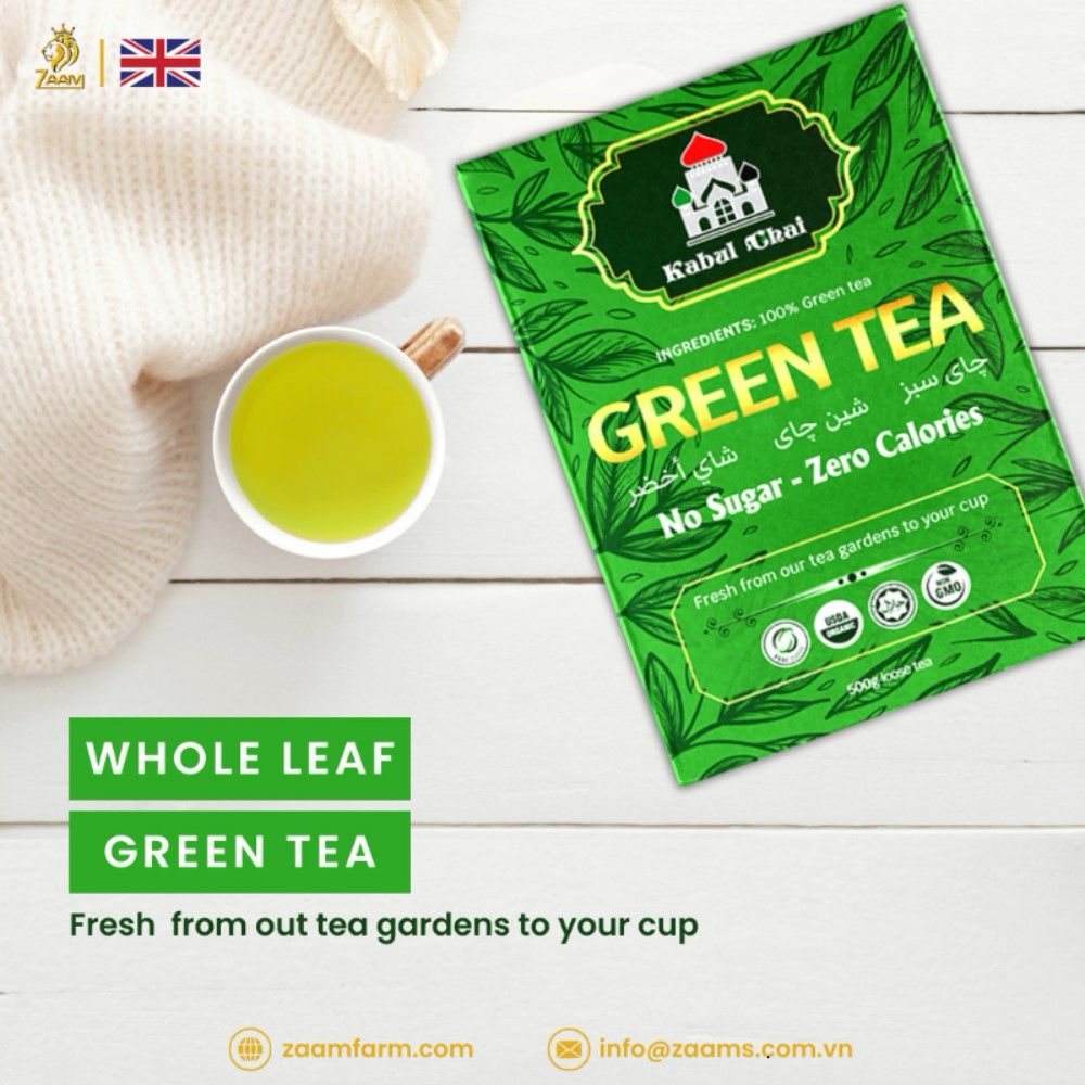 Kabul Chai, green tea, no sugar, no calories, certified Halal, loose tea, Southeast Asian highlands, fresh, fragrance, nutrition, high-quality packaging, positive customer reviews, guilt-free, natural, aromatic, wholesome, refreshing, tea enthusiasts, health-conscious, antioxidants, metabolism boost, immune support, heart health, calming properties.
