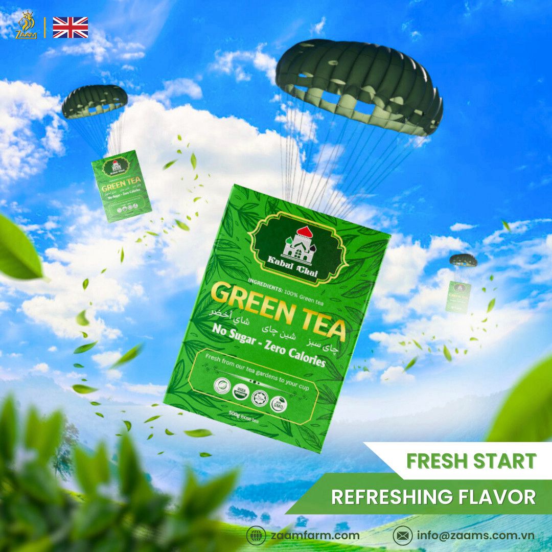 Kabul Chai, green tea, no sugar, no calories, certified Halal, loose tea, Southeast Asian highlands, fresh, fragrance, nutrition, high-quality packaging, positive customer reviews, guilt-free, natural, aromatic, wholesome, refreshing, tea enthusiasts, health-conscious, antioxidants, metabolism boost, immune support, heart health, calming properties.