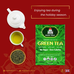 Kabul Chai, green tea, no sugar, no calories, certified Halal, loose tea, Southeast Asian highlands, fresh, fragrance, nutrition, high-quality packaging, positive customer reviews, guilt-free, natural, aromatic, wholesome, refreshing, tea enthusiasts, health-conscious, antioxidants, metabolism boost, immune support, heart health, calming properties.