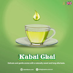 Kabul Chai, green tea, no sugar, no calories, certified Halal, loose tea, Southeast Asian highlands, fresh, fragrance, nutrition, high-quality packaging, positive customer reviews, guilt-free, natural, aromatic, wholesome, refreshing, tea enthusiasts, health-conscious, antioxidants, metabolism boost, immune support, heart health, calming properties.