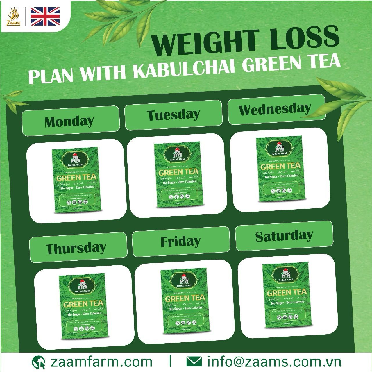 Kabul Chai, green tea, no sugar, no calories, certified Halal, loose tea, Southeast Asian highlands, fresh, fragrance, nutrition, high-quality packaging, positive customer reviews, guilt-free, natural, aromatic, wholesome, refreshing, tea enthusiasts, health-conscious, antioxidants, metabolism boost, immune support, heart health, calming properties.