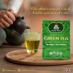 Kabul Chai, green tea, no sugar, no calories, certified Halal, loose tea, Southeast Asian highlands, fresh, fragrance, nutrition, high-quality packaging, positive customer reviews, guilt-free, natural, aromatic, wholesome, refreshing, tea enthusiasts, health-conscious, antioxidants, metabolism boost, immune support, heart health, calming properties.