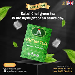 Kabul Chai, green tea, no sugar, no calories, certified Halal, loose tea, Southeast Asian highlands, fresh, fragrance, nutrition, high-quality packaging, positive customer reviews, guilt-free, natural, aromatic, wholesome, refreshing, tea enthusiasts, health-conscious, antioxidants, metabolism boost, immune support, heart health, calming properties.