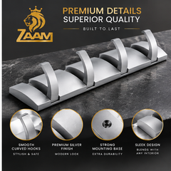 ZAAM 5 Hook Silver & Silver Heavy Duty Aluminium Wall-Mounted Hanger | Coat, Towel & Clothes Hanging Rack