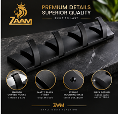 ZAAM 5 Hook Black & Black Heavy Duty Aluminium Wall-Mounted Hanger | Coat, Towel & Clothes Hanging Rack