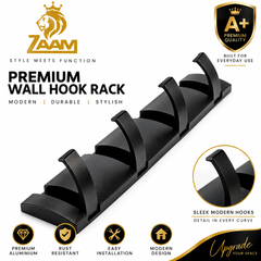 ZAAM 5 Hook Black & Black Heavy Duty Aluminium Wall-Mounted Hanger | Coat, Towel & Clothes Hanging Rack
