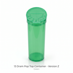 Green 13 Dram Pop Top Containers – Version Z | Plastic Storage Vials | 80mm height x 30mm diameter – Box of 315