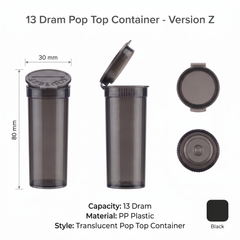 Black 13 Dram Pop Top Containers – Version Z | Plastic Storage Vials | 80mm height x 30mm diameter,