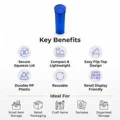 Blue 13 Dram Pop Top Containers –  Version Z - Blue Translucent PP Plastic Squeeze Lid Storage Vials | 80mm height x 30mm diameter