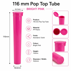 Bright Pink 116mm Pop Top Tube 500 Pcs – Slim PP Plastic Flip-Top Storage Container | 116mm x 18.6mm