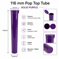 Solid Purple 116mm Pop Top Tube 500 Pcs – Slim PP Plastic Flip-Top Storage Container | 116mm x 18.6mm