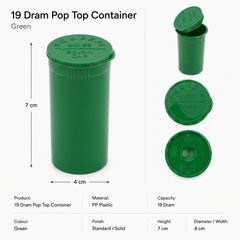 Green 19 Dram Pop Top Containers – Squeeze-to-Open PP Plastic Storage Tubes | 7cm x 4cm