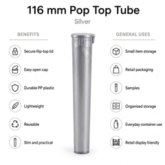 Silver 116mm Pop Top Tube 500 Pcs – Slim PP Plastic Flip-Top Storage Container | 116mm x 18.6mm