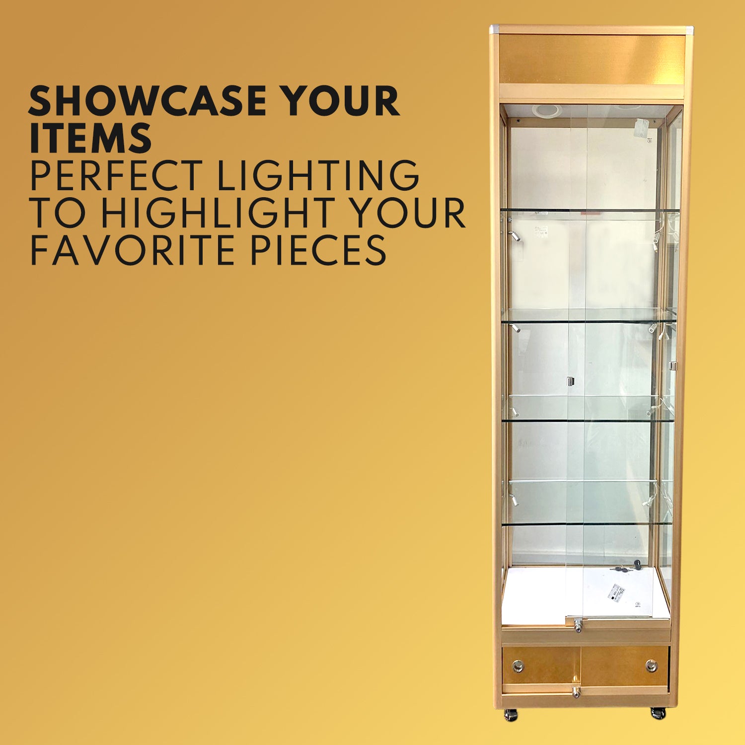 Gold Glass Display Cabinet with LED Lights and Storage