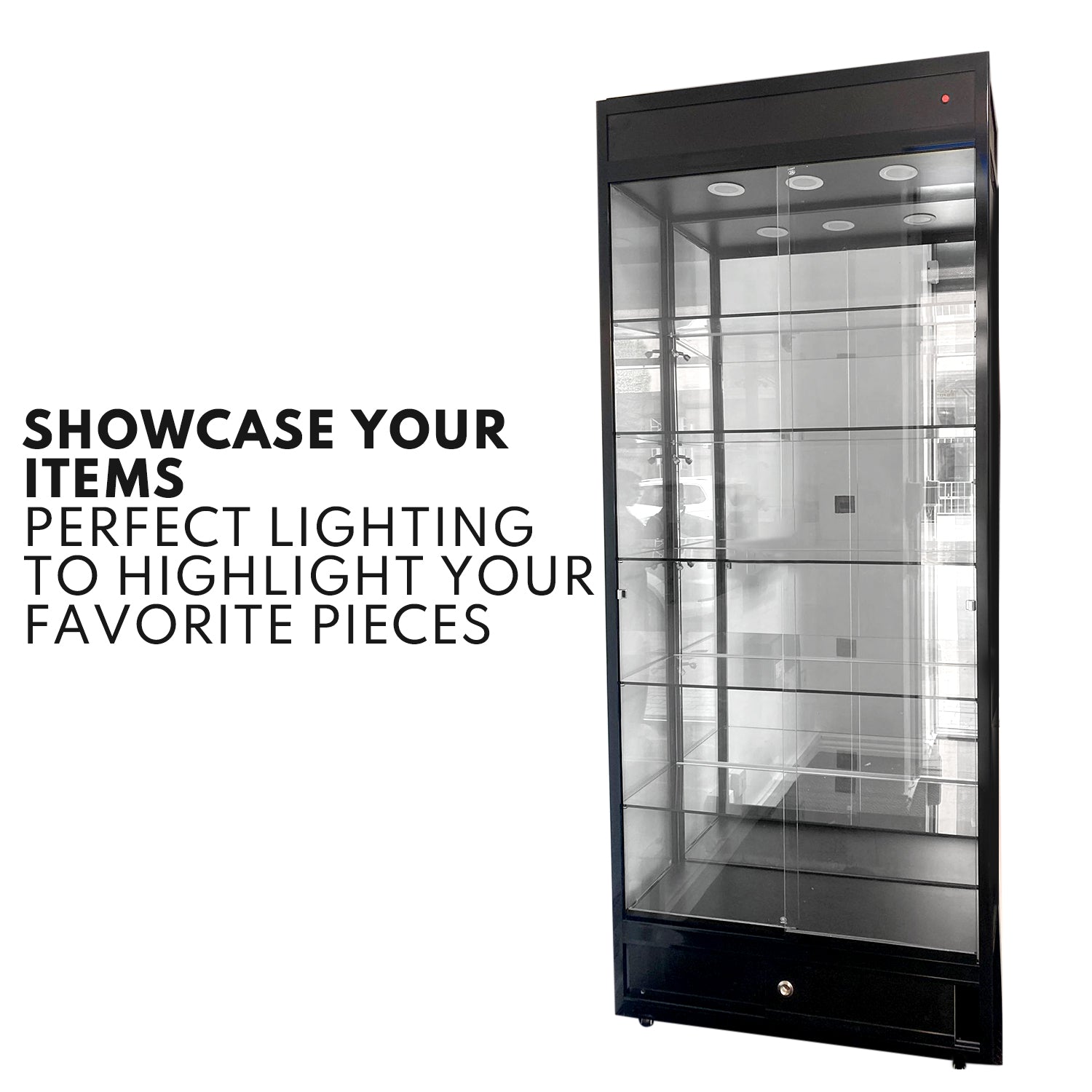 Black Glass Display Cabinet with LED Lights and Storage