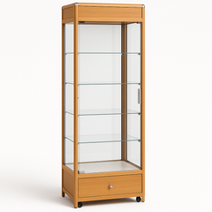 Gold Glass Display Cabinet with LED Lights and Storage | H207cm x L40cm x W40cm | Collection Only