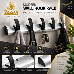 ZAAM 5 Hook Heavy Duty Aluminium Wall-Mounted Hanger – Black & Silver Coat, Towel & Clothes Hanging Rack