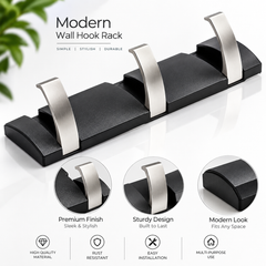 ZAAM 3 Hook Black & Silver Heavy Duty Aluminium Wall-Mounted Coat Hanger Rack | Towel, Clothes & Door Hooks